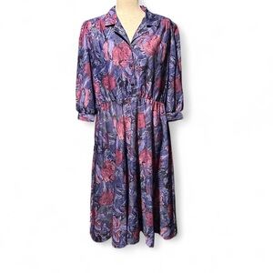 Vintage Floral Midi Dress in Purple and Pink